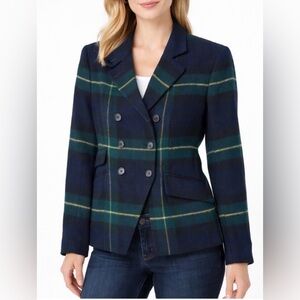 DKNY Donna Karan Vintage Tartan Green Blue Plaid Wool Suit Jacket Blazer Size 10